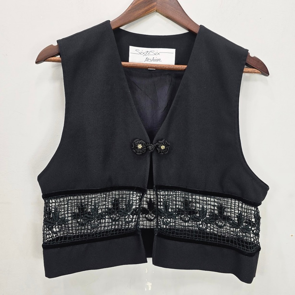 Vintage 90s Sixty Six Vest L Fish Net Velvet Embroidered Whimsigoth Oriental